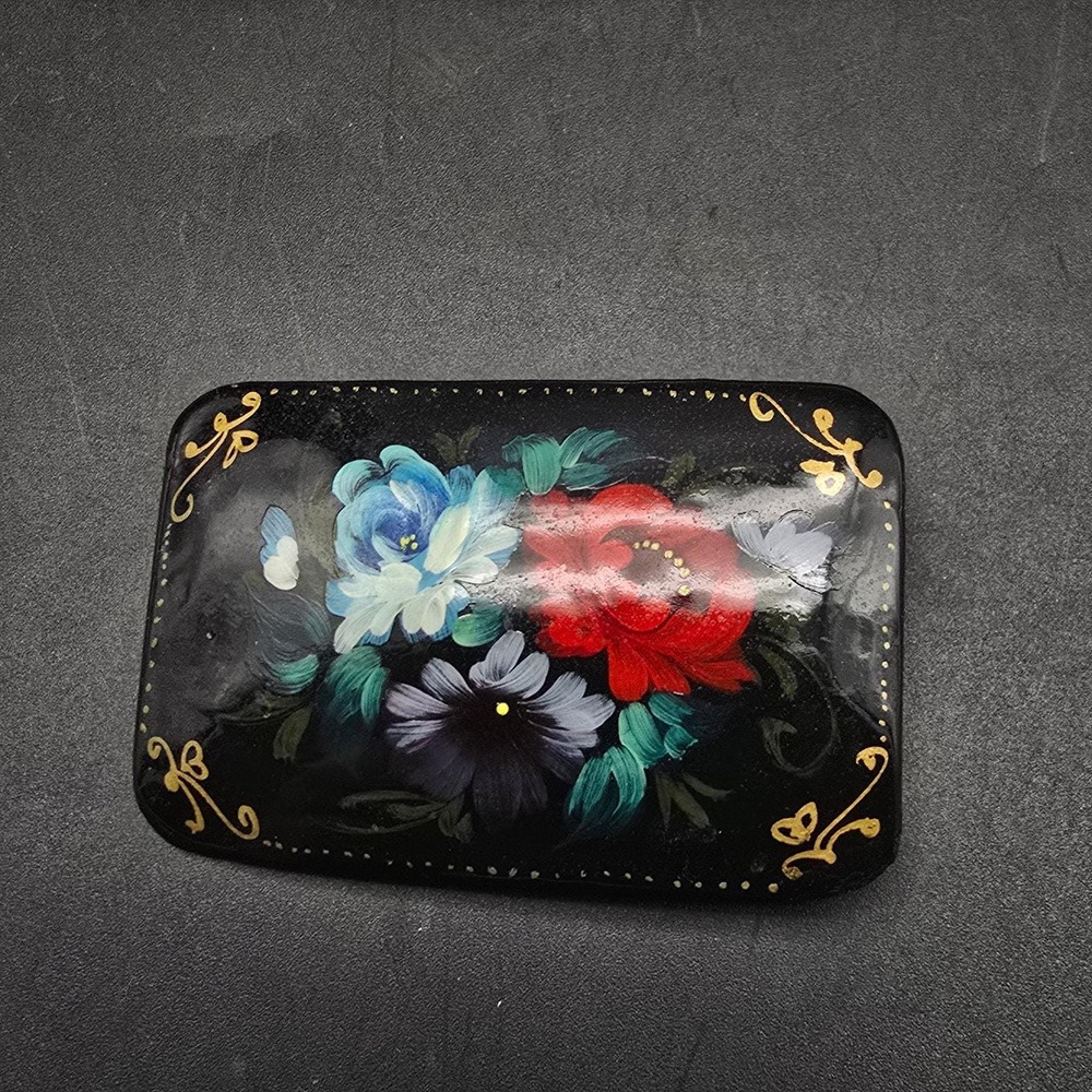 Black Lacquerware Brooch Handpainted Flowers Floral Rectangle Vintage
